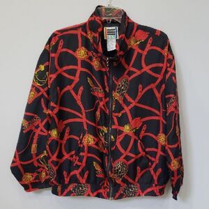 Vtg Black and Red Equestrian Print Silk Jacket Womens M Old Money Quiet Luxury